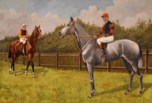 OIL PAINTING PAIR BY WALTER VERNON RACEHORSE SCENES - ADDITIONAL PHOTO 2