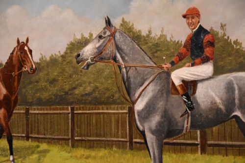 OIL PAINTING PAIR BY WALTER VERNON RACEHORSE SCENES - ADDITIONAL PHOTO 3