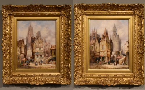oil painting by pair henry schafer fecamp normandy nuremburg germany - CATEGORY: ANTIQUE ART - DATED 19TH CENTURY