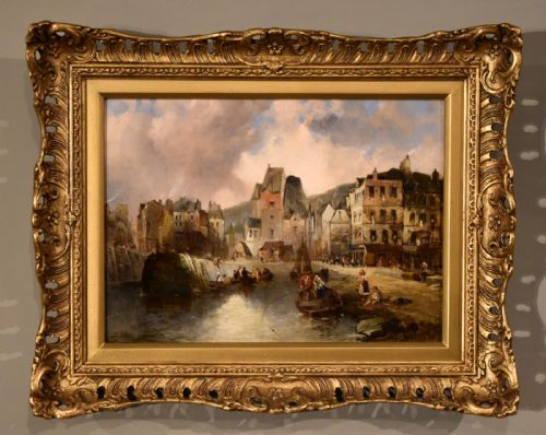 OIL PAINTING BY ALFRED MONTAGUE THE ENTRANCE TO THE HONFLEUR FROM THE WATER - ADDITIONAL PHOTO 1