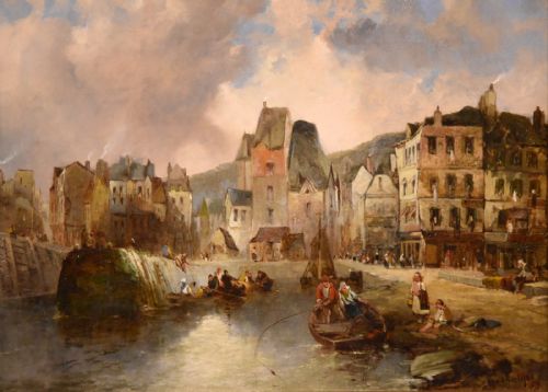 OIL PAINTING BY ALFRED MONTAGUE THE ENTRANCE TO THE HONFLEUR FROM THE WATER - ADDITIONAL PHOTO 3