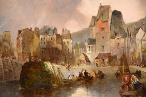 OIL PAINTING BY ALFRED MONTAGUE THE ENTRANCE TO THE HONFLEUR FROM THE WATER - ADDITIONAL PHOTO 5