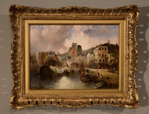oil painting by alfred montague the entrance to the honfleur from the water - CATEGORY: ANTIQUE ART - DATED 19TH CENTURY