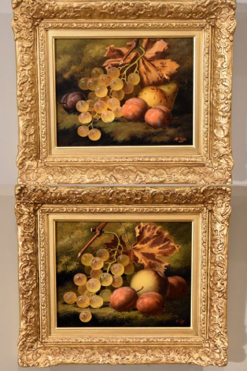 oil painting pair by henry george todd white grapes and plums - CATEGORY: ANTIQUE ART - DATED 19TH CENTURY