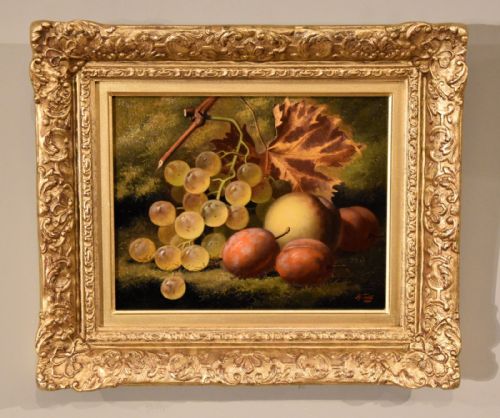 OIL PAINTING PAIR BY HENRY GEORGE TODD WHITE GRAPES AND PLUMS - ADDITIONAL PHOTO 1