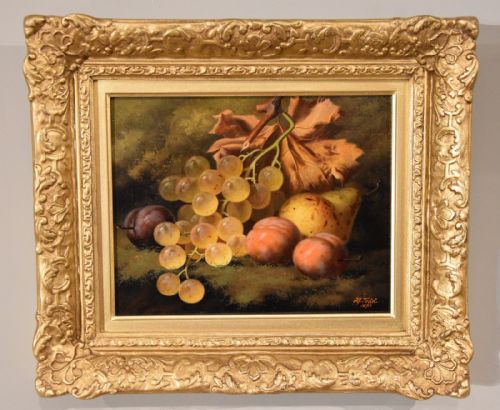 OIL PAINTING PAIR BY HENRY GEORGE TODD WHITE GRAPES AND PLUMS - ADDITIONAL PHOTO 4