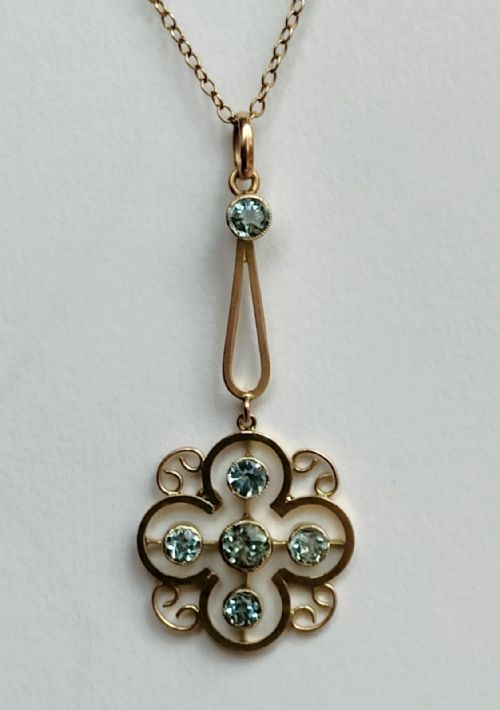 art nouveau aquamarine 9ct gold pendant necklace - CATEGORY: ANTIQUE JEWELLERY - DATED 1900