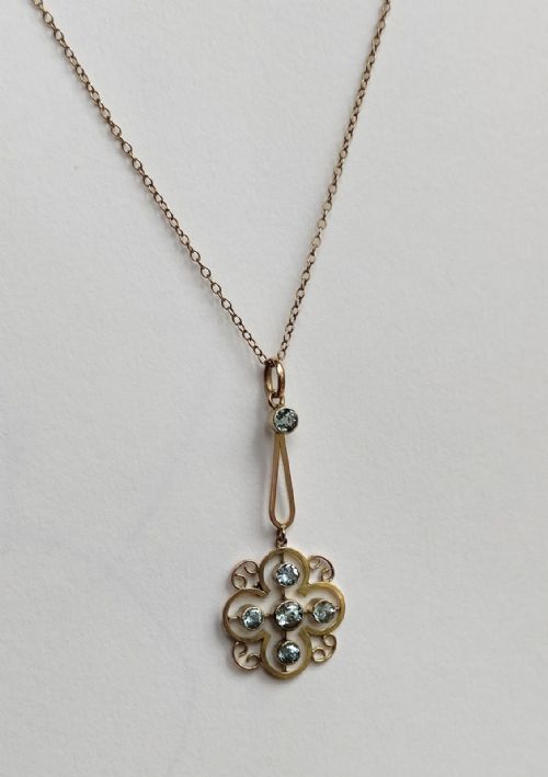 ART NOUVEAU AQUAMARINE 9CT GOLD PENDANT NECKLACE - ADDITIONAL PHOTO 6