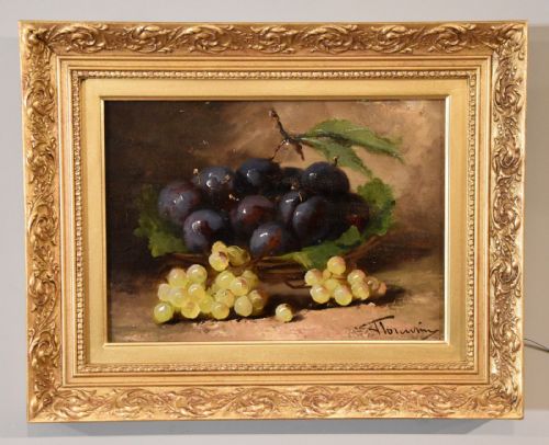 OIL PAINTING PAIR BY J TOURVIN WHITE GRAPES AND PLUMS - ADDITIONAL PHOTO 1