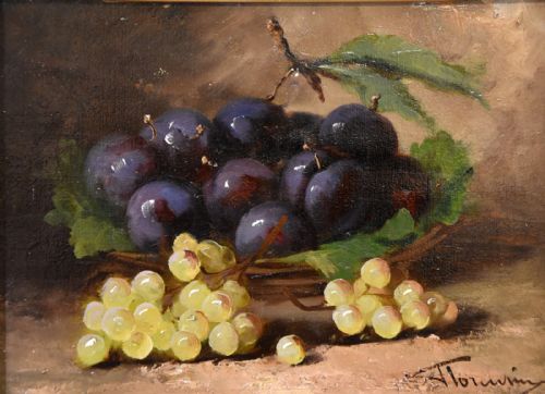 OIL PAINTING PAIR BY J TOURVIN WHITE GRAPES AND PLUMS - ADDITIONAL PHOTO 2