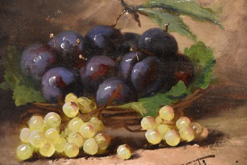 OIL PAINTING PAIR BY J TOURVIN WHITE GRAPES AND PLUMS - ADDITIONAL PHOTO 3