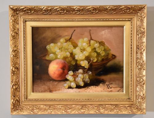 OIL PAINTING PAIR BY J TOURVIN WHITE GRAPES AND PLUMS - ADDITIONAL PHOTO 6