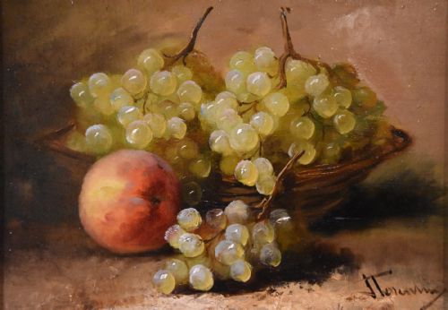 OIL PAINTING PAIR BY J TOURVIN WHITE GRAPES AND PLUMS - ADDITIONAL PHOTO 7