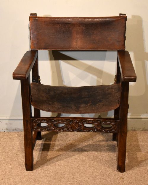 17th century spanish walnut leather armchair - CATEGORY: ANTIQUE CHAIRS - DATED 17TH CENTURY