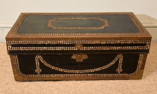 19TH CENTURY CAMPHORWOOD LEATHER BRASS COACHING TRUNK - ADDITIONAL PHOTO 2