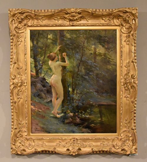 oil painting by antoine auguste thivet avant la bain - CATEGORY: ANTIQUE ART - DATED 19TH CENTURY