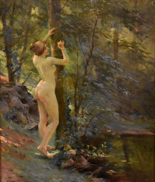 OIL PAINTING BY ANTOINE AUGUSTE THIVET AVANT LA BAIN - ADDITIONAL PHOTO 1