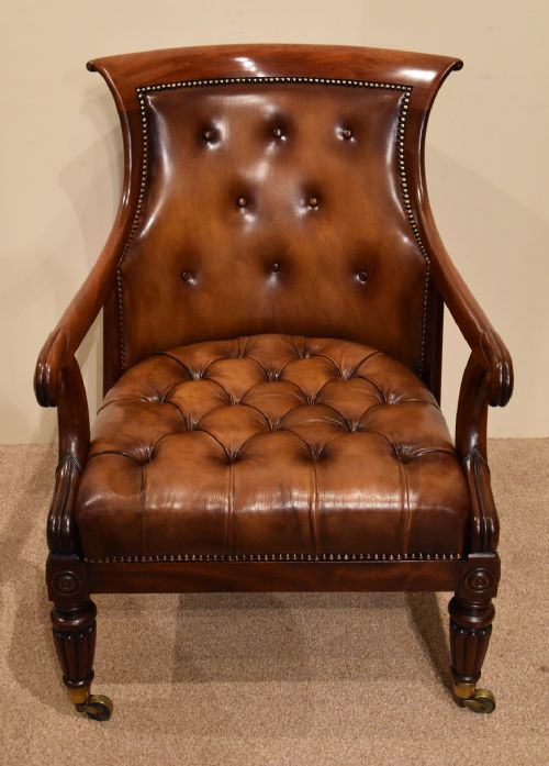 english regency mahogany leather bergere armchair - CATEGORY: ANTIQUE CHAIRS - DATED REGENCY
