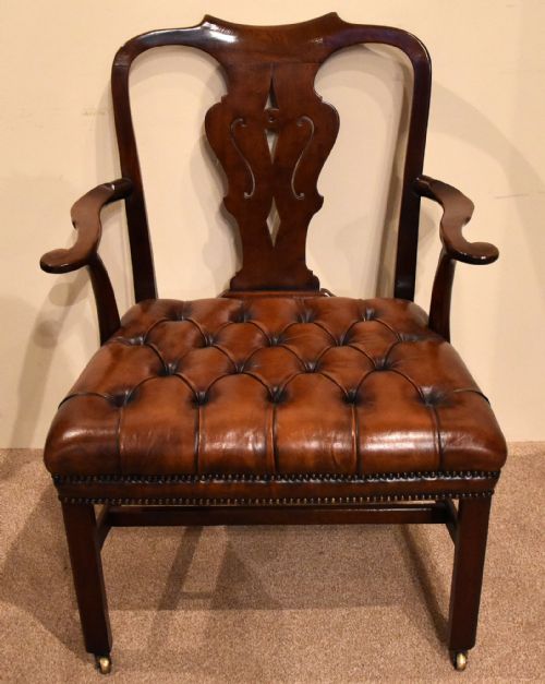 english george ii leather walnut armchair library chair - CATEGORY: ANTIQUE CHAIRS - DATED 18TH CENTURY