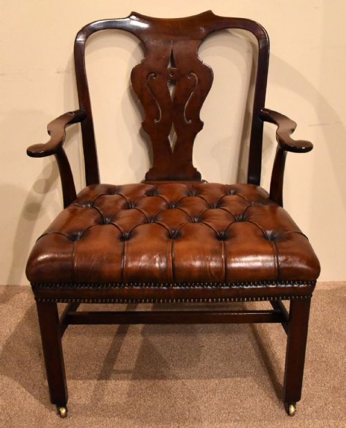 ENGLISH GEORGE II LEATHER WALNUT ARMCHAIR LIBRARY CHAIR - ADDITIONAL PHOTO 1