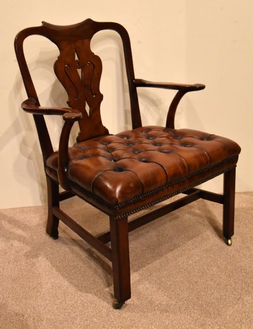 ENGLISH GEORGE II LEATHER WALNUT ARMCHAIR LIBRARY CHAIR - ADDITIONAL PHOTO 3