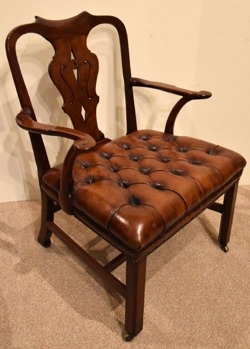 ENGLISH GEORGE II LEATHER WALNUT ARMCHAIR LIBRARY CHAIR - ADDITIONAL PHOTO 4