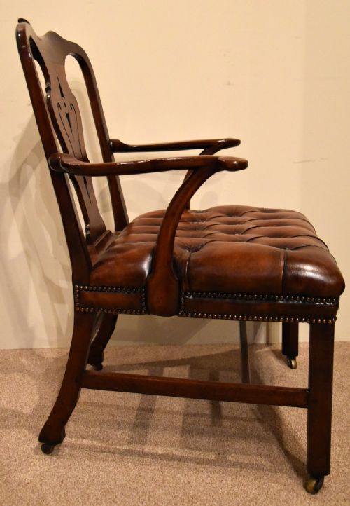 ENGLISH GEORGE II LEATHER WALNUT ARMCHAIR LIBRARY CHAIR - ADDITIONAL PHOTO 5