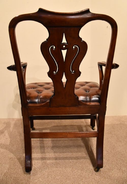 ENGLISH GEORGE II LEATHER WALNUT ARMCHAIR LIBRARY CHAIR - ADDITIONAL PHOTO 6