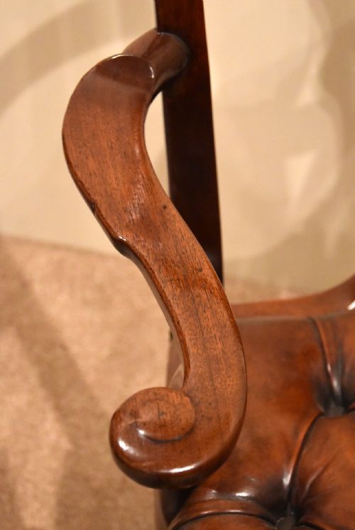 ENGLISH GEORGE II LEATHER WALNUT ARMCHAIR LIBRARY CHAIR - ADDITIONAL PHOTO 8