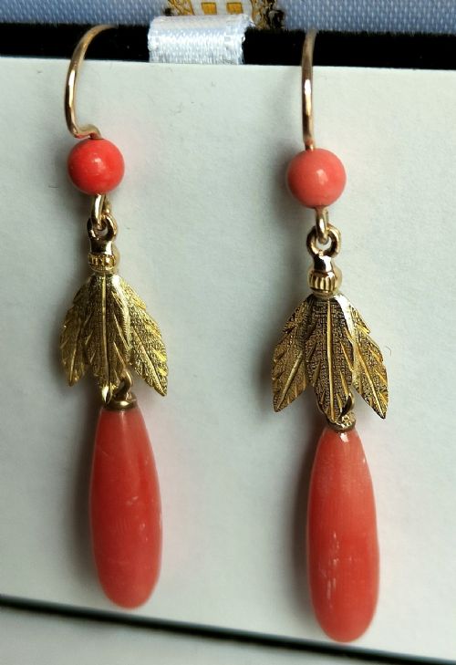 VICTORIAN 18CT GOLD PAIR CORAL DROP EARRINGS - ADDITIONAL PHOTO 1