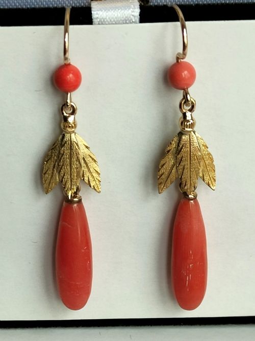 VICTORIAN 18CT GOLD PAIR CORAL DROP EARRINGS - ADDITIONAL PHOTO 2