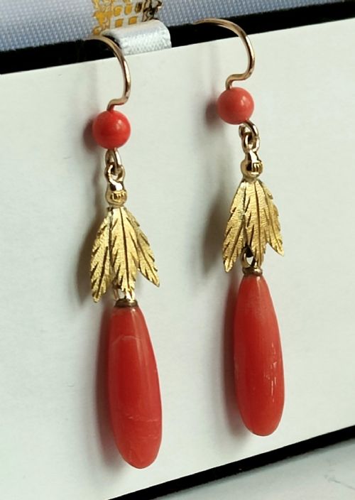 VICTORIAN 18CT GOLD PAIR CORAL DROP EARRINGS - ADDITIONAL PHOTO 3