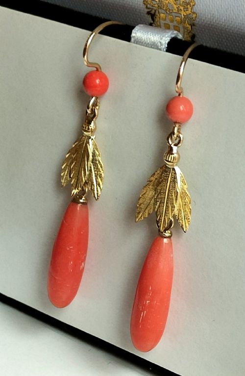 VICTORIAN 18CT GOLD PAIR CORAL DROP EARRINGS - ADDITIONAL PHOTO 4