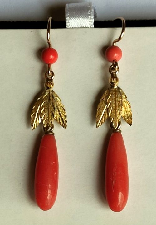 VICTORIAN 18CT GOLD PAIR CORAL DROP EARRINGS - ADDITIONAL PHOTO 6
