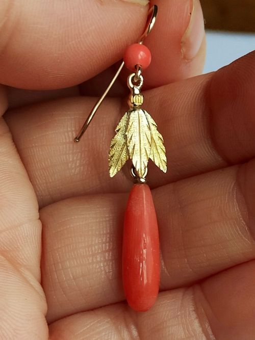 VICTORIAN 18CT GOLD PAIR CORAL DROP EARRINGS - ADDITIONAL PHOTO 8