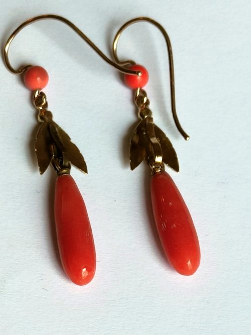 VICTORIAN 18CT GOLD PAIR CORAL DROP EARRINGS - ADDITIONAL PHOTO 9
