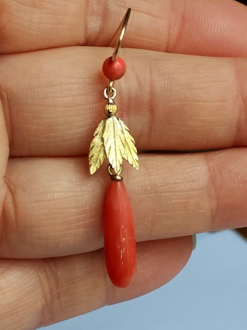 VICTORIAN 18CT GOLD PAIR CORAL DROP EARRINGS - ADDITIONAL PHOTO 11