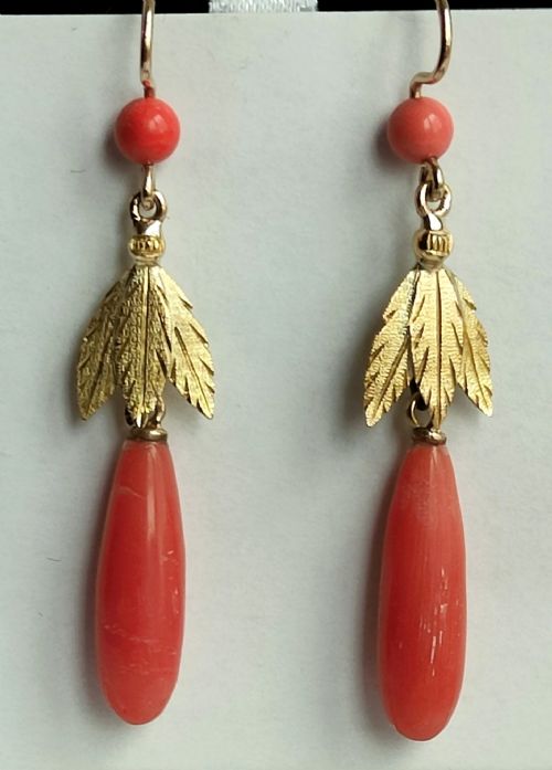 victorian 18ct gold pair coral drop earrings - CATEGORY: ANTIQUE JEWELLERY - DATED 19TH CENTURY