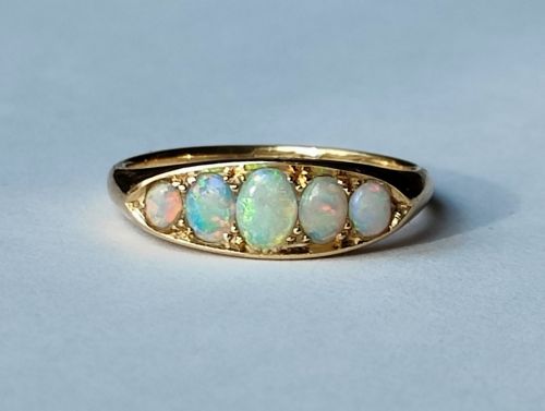 pretty antique 18ct gold opal boat ring size o - CATEGORY: ANTIQUE JEWELLERY - DATED 1910
