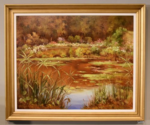 oil painting by lucien chenu the lily pond - CATEGORY: ANTIQUE ART - DATED 1960