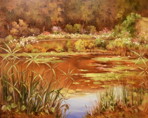 OIL PAINTING BY LUCIEN CHENU THE LILY POND - ADDITIONAL PHOTO 1