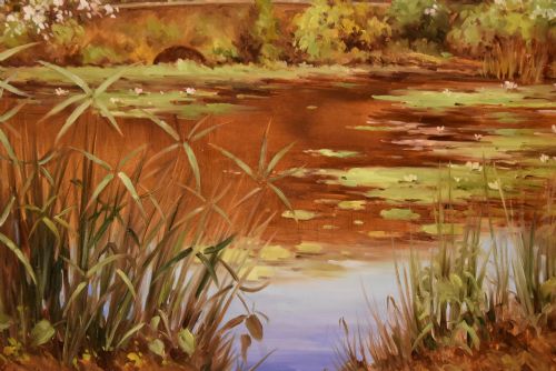OIL PAINTING BY LUCIEN CHENU THE LILY POND - ADDITIONAL PHOTO 4
