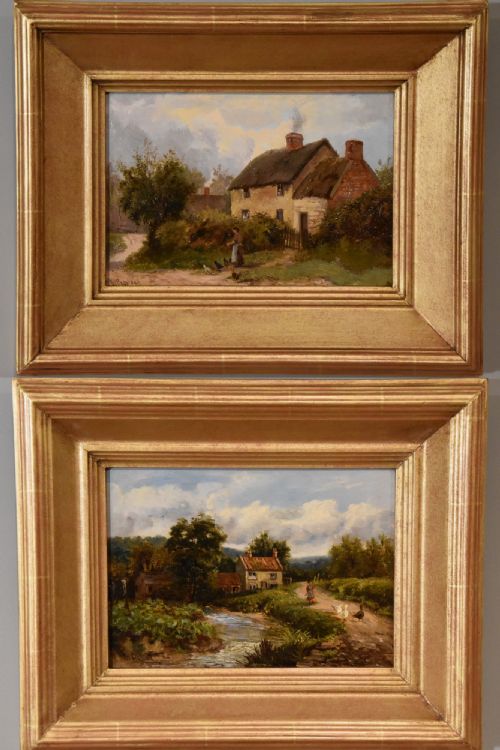 oil painting pair by enoch crosland rustic cottages at mackworth derbyshire and view near duffield - CATEGORY: ANTIQUE ART - DATED 1900