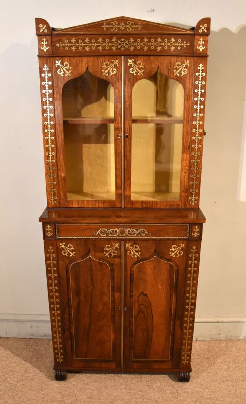 SMALL REGENCY ROSEWOOD BRASS INLAID CABINET BOOKCASE - ADDITIONAL PHOTO 1
