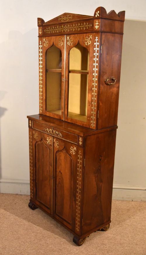 SMALL REGENCY ROSEWOOD BRASS INLAID CABINET BOOKCASE - ADDITIONAL PHOTO 4