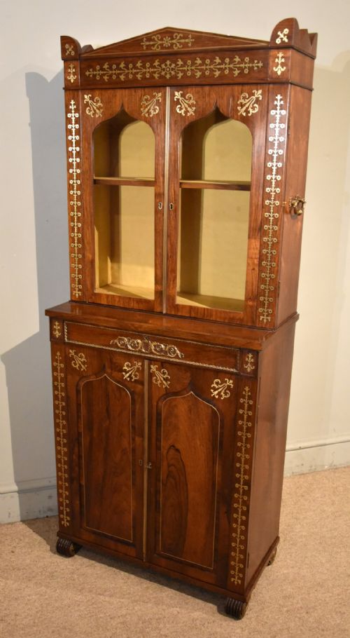 SMALL REGENCY ROSEWOOD BRASS INLAID CABINET BOOKCASE - ADDITIONAL PHOTO 5