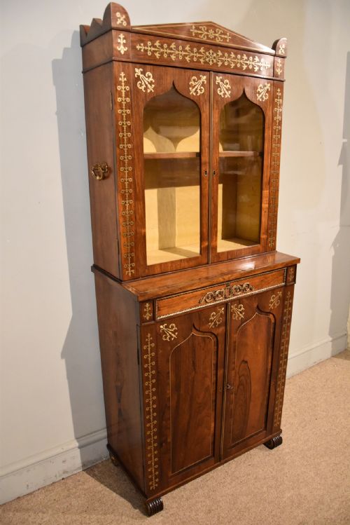 SMALL REGENCY ROSEWOOD BRASS INLAID CABINET BOOKCASE - ADDITIONAL PHOTO 13