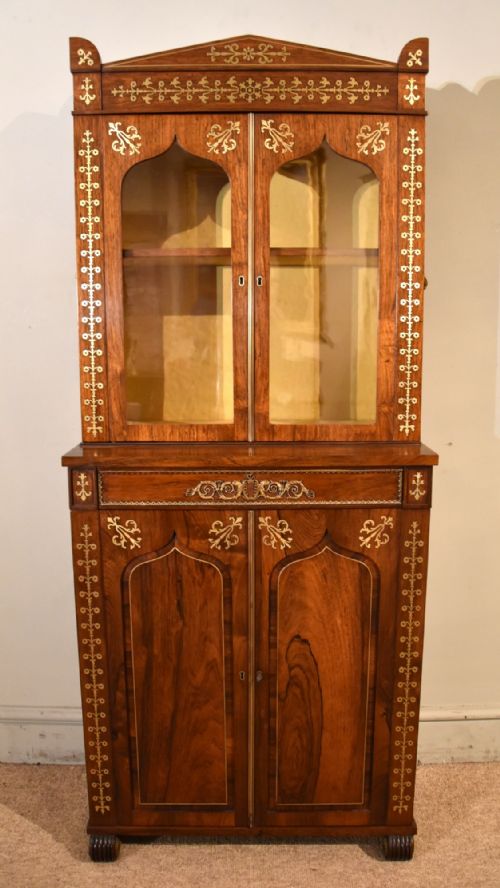 small regency rosewood brass inlaid cabinet bookcase - CATEGORY: ANTIQUE BOOKCASES - DATED REGENCY