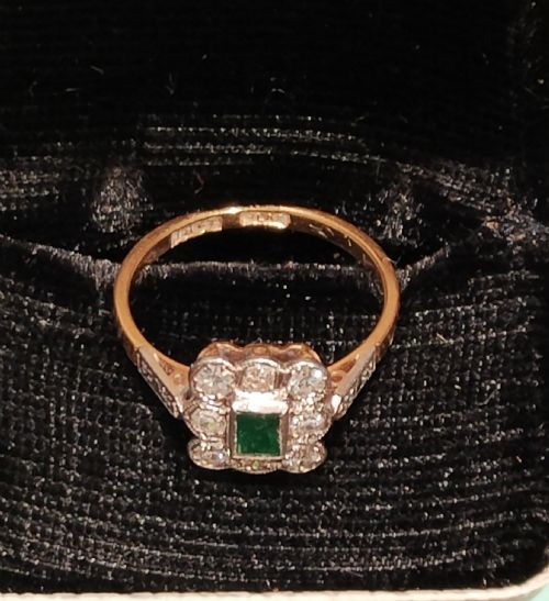 ART DECO 18CT GOLD PLATINUM EMERALD DIAMOND CLUSTER RING - ADDITIONAL PHOTO 8