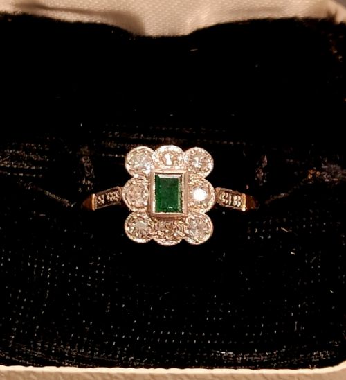 ART DECO 18CT GOLD PLATINUM EMERALD DIAMOND CLUSTER RING - ADDITIONAL PHOTO 12
